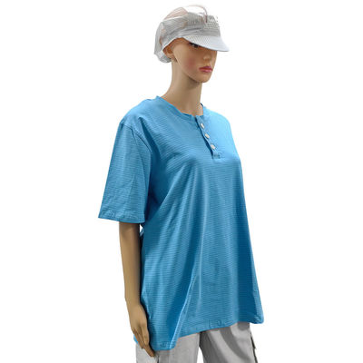 Sala limpia 99% de algodón + 1% de fibra de carbono Azul Unisex ESD camiseta antiestática de cuello O con 3 botones