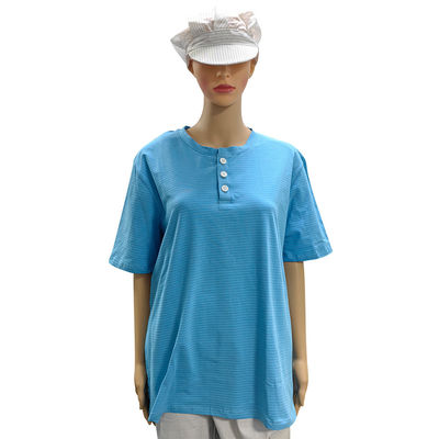 Sala limpia 99% de algodón + 1% de fibra de carbono Azul Unisex ESD camiseta antiestática de cuello O con 3 botones